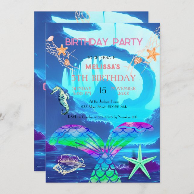 Wasserfarbene Meerestiere Einladung zur Geburtstag (Vorne/Hinten)