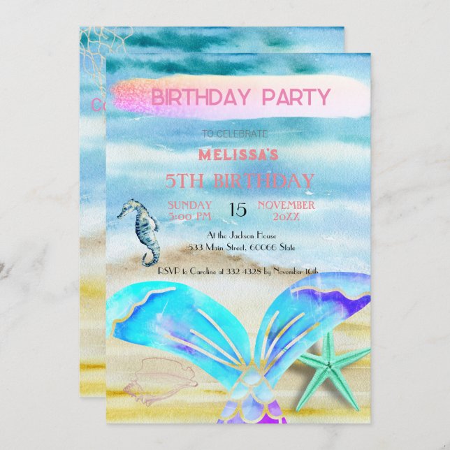 Wasserfarbene Meerestiere Einladung zur Geburtstag (Vorne/Hinten)