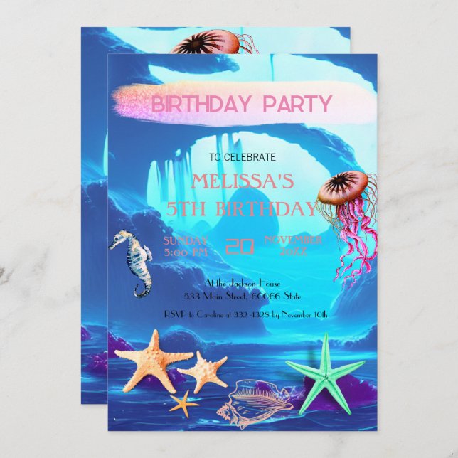 Wasserfarbene Meerestiere Einladung zur Geburtstag (Vorne/Hinten)