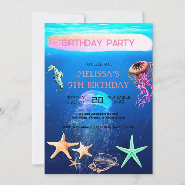 Wasserfarbene Meerestiere Einladung zur Geburtstag (Vorderseite)