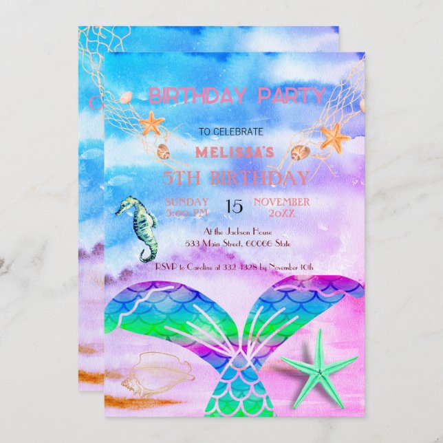 Wasserfarbene Meerestiere Einladung zur Geburtstag (Vorne/Hinten)