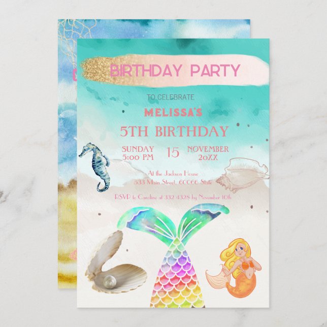 Wasserfarbene Meerestiere Einladung zur Geburtstag (Vorne/Hinten)