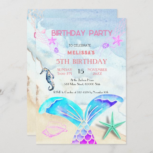 Wasserfarbene Meerestiere Einladung zur Geburtstag (Vorne/Hinten)