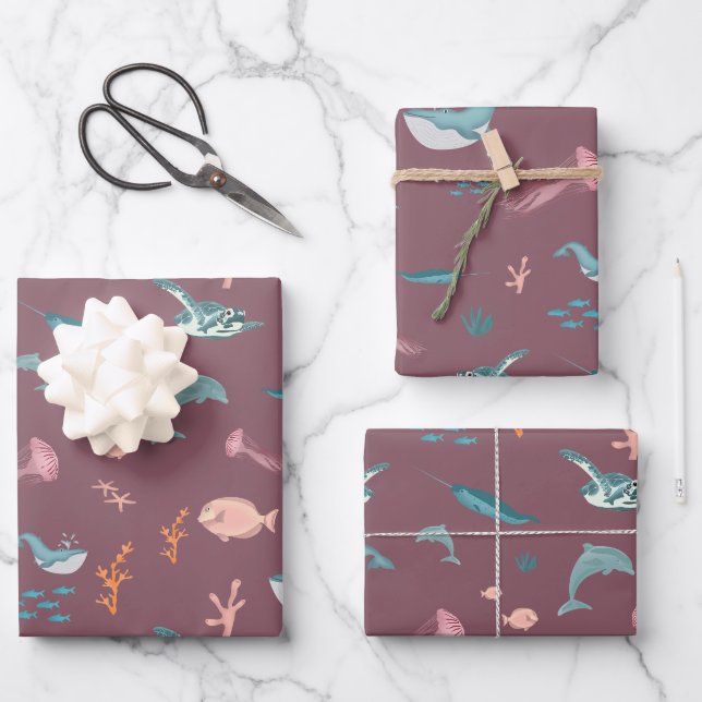 Wasserfarbene Meerestiere Rosa Muster Geschenkpapier Set (Vorderseite)