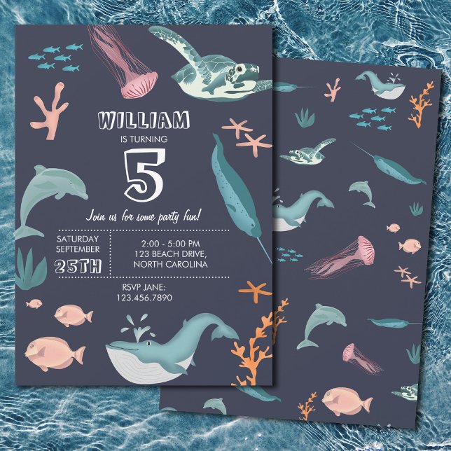 Wasserfarbene Meerestiere zum Geburtstag blau Einladung (Watercolor Ocean Sea Animals Blue Birthday Invitation)