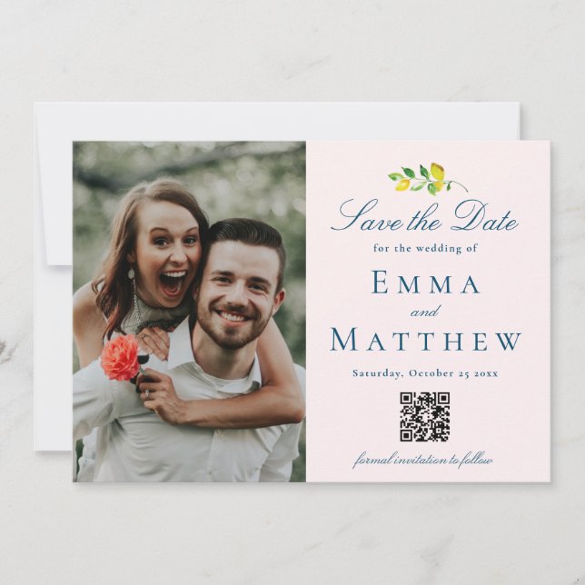Wasserfarbene Minimalistische Zitrone - QR und Fot Save The Date (Vorderseite)