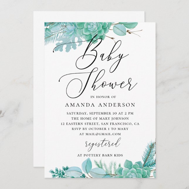 Wasserfarbene Minze Blumensukkulturen Babydusche Einladung (Vorne/Hinten)