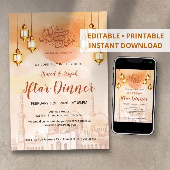 Wasserfarbene Moschee-Iftar-Party-Einladung Warm Einladung (Von Creator hochgeladen)