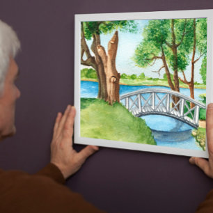 Wasserfarbene Naturlandschaft mit Holzbrücke Poster