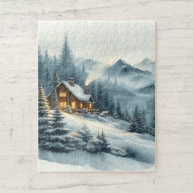 Wasserfarbene Nebelgebirge Hütte Winterlandschaft Puzzle (Von Creator hochgeladen)