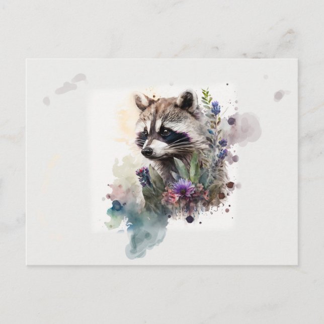 Wasserfarbene Niedliche Raccoon Frühlingsblumen Postkarte (Vorderseite)