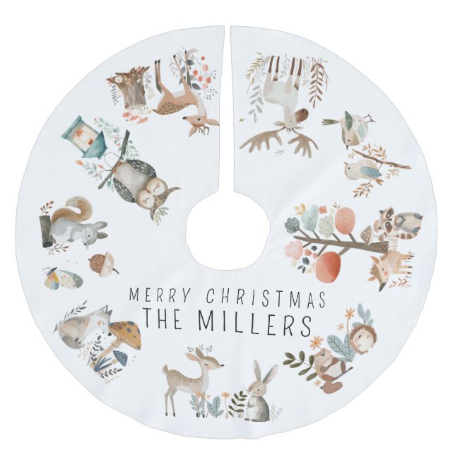 Wasserfarbene Niedliche Waldtiere Polyester Weihnachtsbaumdecke (Vorderseite)