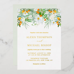 Wasserfarbene Orchideen und Kumquats Hochzeit Folieneinladung