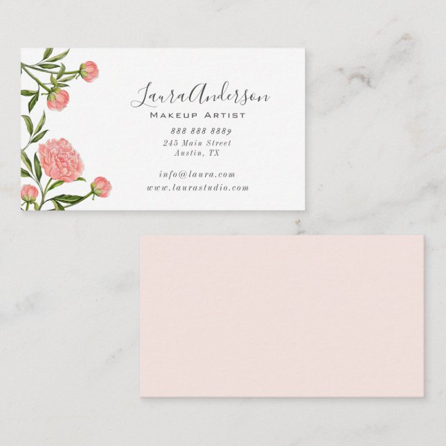Wasserfarbene Peony Makeup artist Business Card Visitenkarte (Vorne/Hinten)