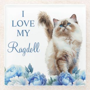 Wasserfarbene Pet Ragdoll Cat and Blue Flowers Glasuntersetzer