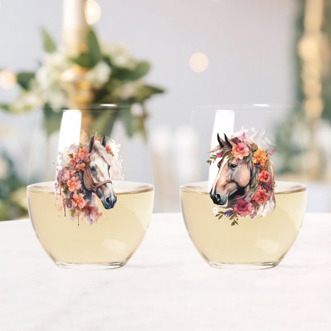Wasserfarbene Pferdeköpfe mit Blumenkränzen Weinglas Ohne Stiel (Insitu (Hochzeit))