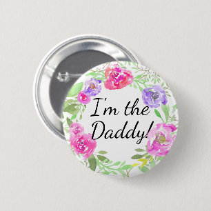 Wasserfarbene Pfingstrosen-Baby-Party-Daddy-Vater- Button