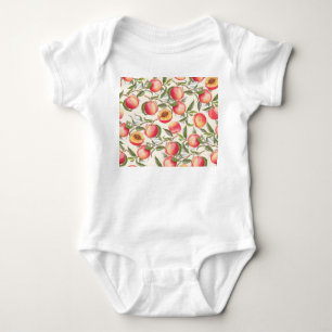 Wasserfarbene Pfirsiche, nahtlose Blumenmuster. Baby Strampler