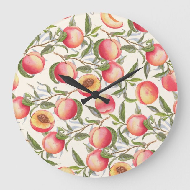 Wasserfarbene Pfirsiche, nahtlose Blumenmuster. Große Wanduhr (Vorderseite)