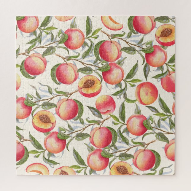 Wasserfarbene Pfirsiche, nahtlose Blumenmuster. Puzzle (Vertikal)