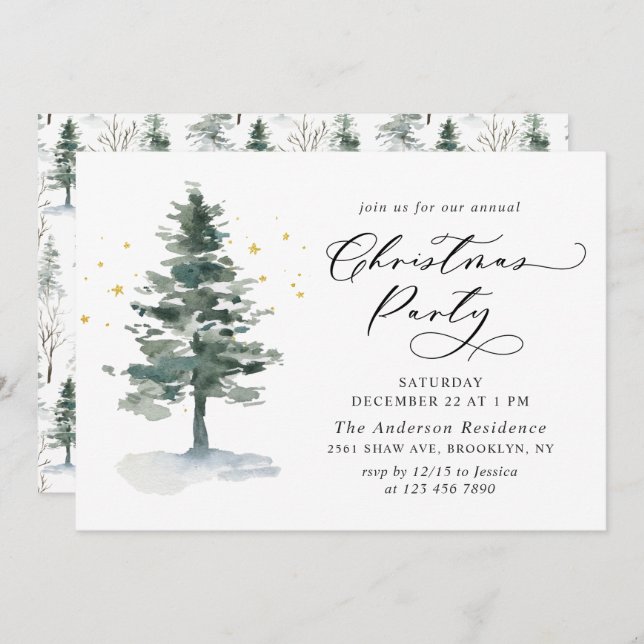 Wasserfarbene Pine Tree Chic Weihnachtsfeier Einladung (Vorne/Hinten)