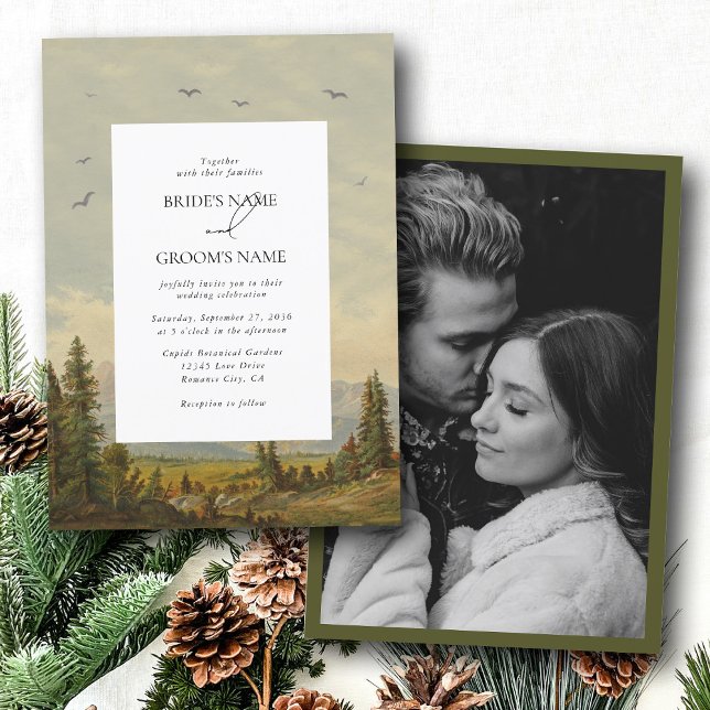 Wasserfarbene Pine Tree Forest Mountain Hochzeitli Einladung (Watercolor Pine Tree Forest Mountain Wedding Photo Invitation)