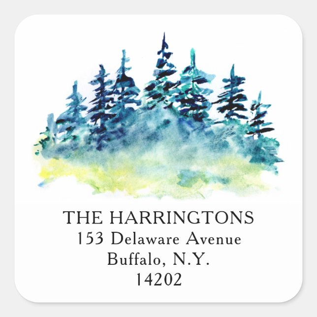 Wasserfarbene Pine Tree HandGezeichnet Rücksendead Quadratischer Aufkleber (Vorderseite)