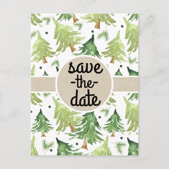 Wasserfarbene Pine Trees Kraft Rustikal Save the D Ankündigungspostkarte (Vorderseite)