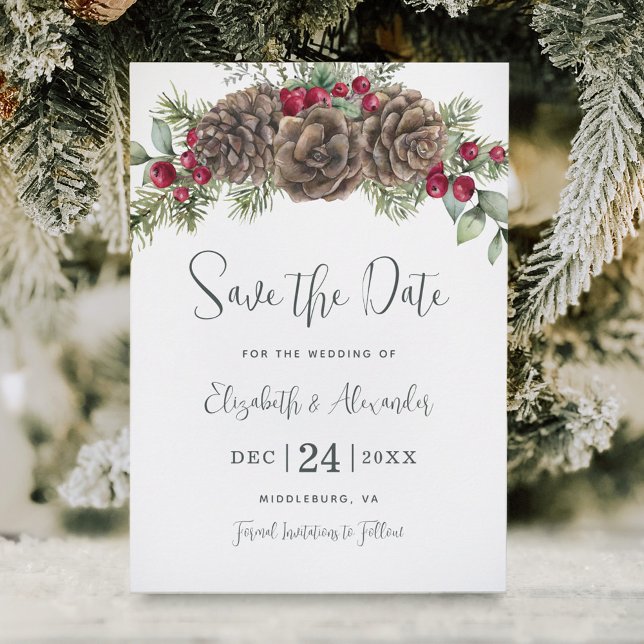 Wasserfarbene Pine Winter Berries Weihnachtsfeier Save The Date (Von Creator hochgeladen)