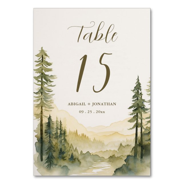 Wasserfarbene Pinienwälder Hochzeit Tischnummer (Vorderseite)