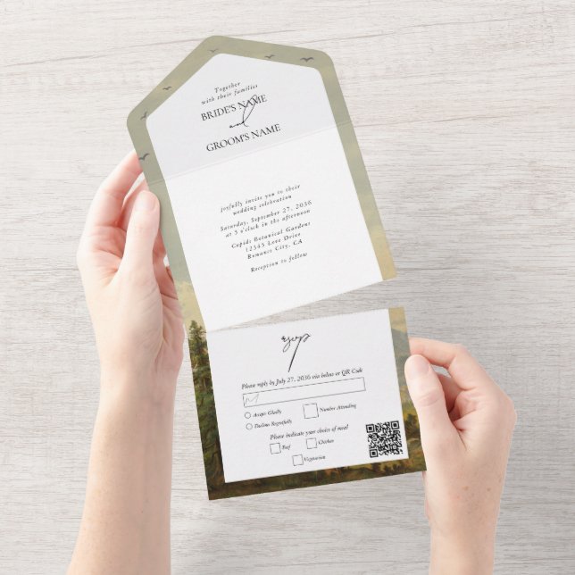 Wasserfarbene Pinienwälder Hochzeiten All In One Einladung (Abreißen)