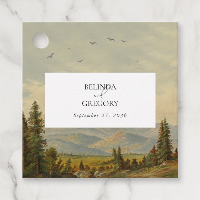 Wasserfarbene Pinienwälder Hochzeiten Geschenkanhänger (Vorderseite)