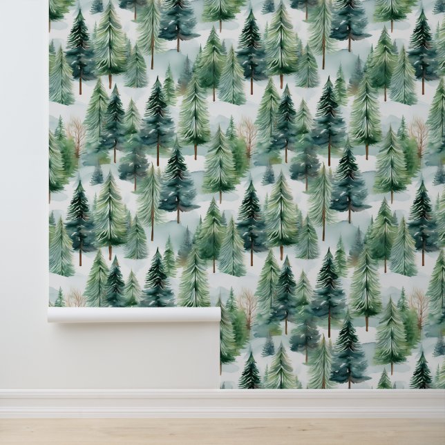 Wasserfarbene Pinienwälder Schneefall Tapete (Anwendung)