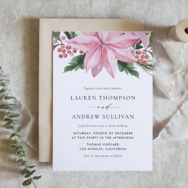Wasserfarbene Pink Poinsettia Hochzeit der Blumen Einladung (Gray Modern Minimalist Foliage Wedding Invitation)