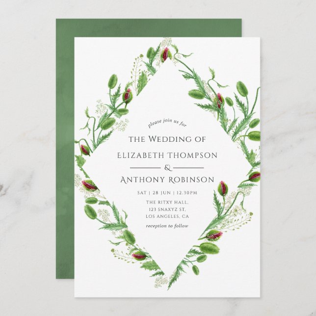 Wasserfarbene Pink-Poppies Hochzeit Einladung (Vorne/Hinten)