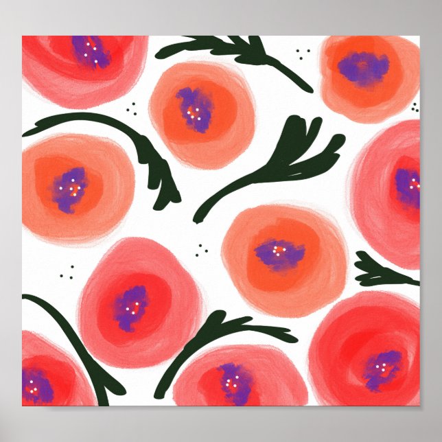 Wasserfarbene Poppies Warm kühne Doodle Art Poster (Vorne)