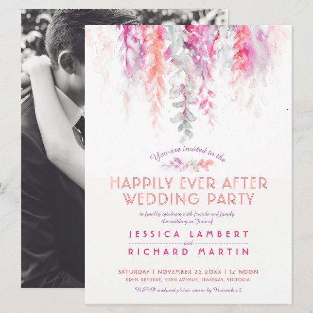 Wasserfarbene Reben Korallen Foto nach Hochzeitsfe Einladung (Vorne/Hinten)