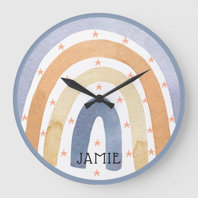 Wasserfarbene Regenbogen und Personalisierte Stein Große Wanduhr (Vorderseite)