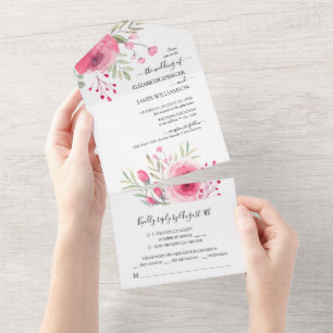 Wasserfarbene rosa Blumen Hochzeit All In One Einladung