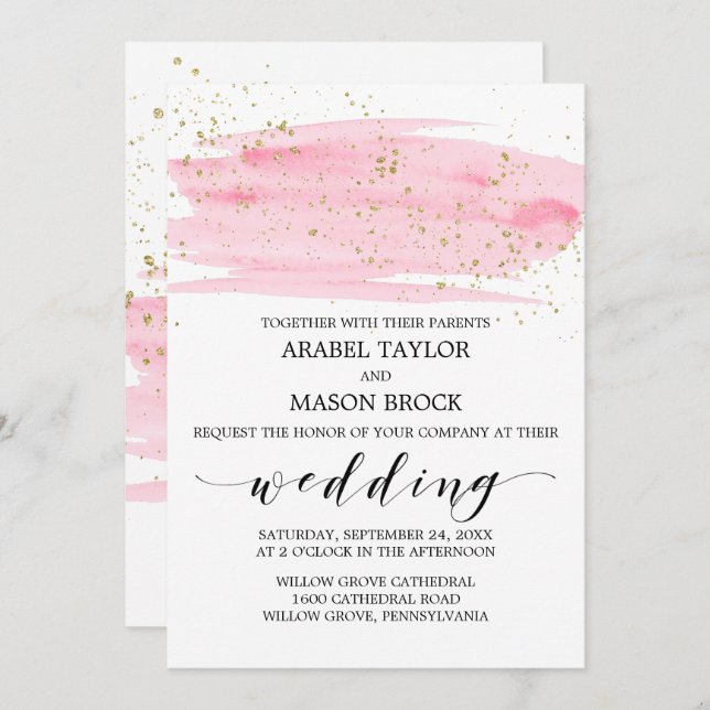 Wasserfarbene Rosa Blush and Gold Sparkle Wedding Einladung (Vorne/Hinten)