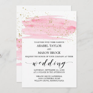 Wasserfarbene Rosa Blush and Gold Sparkle Wedding Einladung