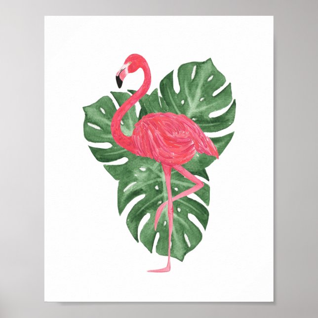 Wasserfarbene Rosa Flamingo Tropical Monstera Blät Poster (Vorne)