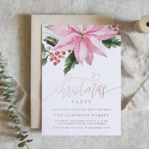 Wasserfarbene rosa Poinsettie und Stechpalme Weihn Folieneinladung
