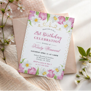 Wasserfarbene rosa Tulpen und Osterglocken zum Geb Einladung