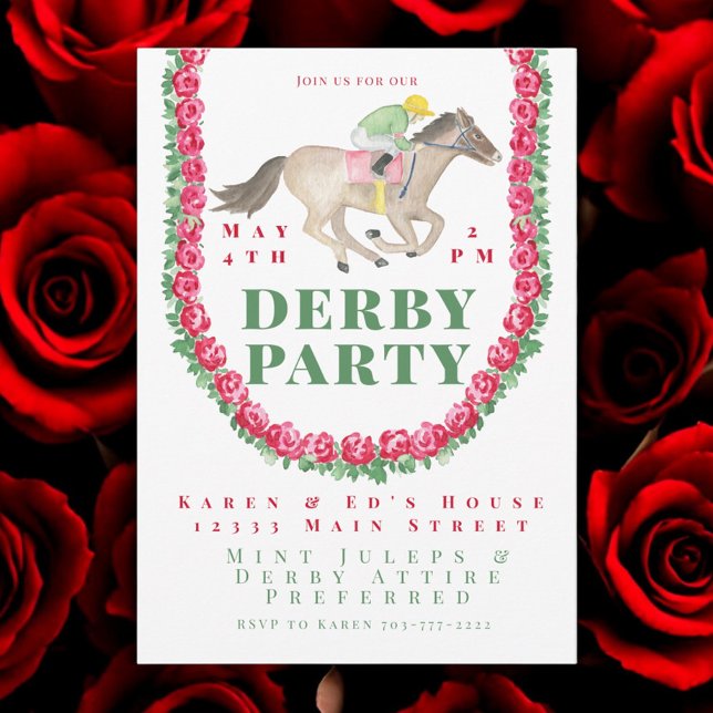 Wasserfarbene Rose Jockey auf Horse Derby Party Einladung (Von Creator hochgeladen)