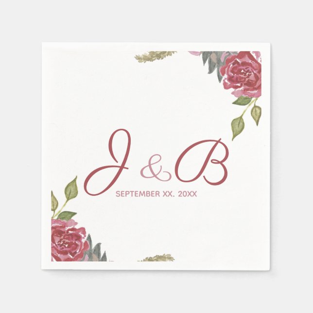 Wasserfarbene Rose Mit Monogramm Hochzeit Serviette (Vorderseite)