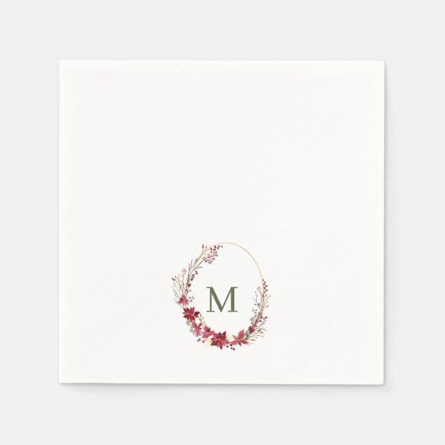 Wasserfarbene rote Weihnachts-Kranz-Monogramm-Serv Serviette (Vorderseite)