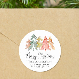 Wasserfarbene Rücksendeadresse der Weihnachtskiefe Runder Aufkleber