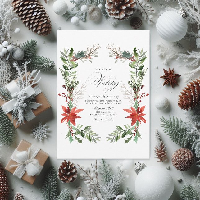 Wasserfarbene Schneekiefern und Frühjahr Winterhoc Einladung (Snowy rustic pine and spruce floral watercolor christmas wedding invitation)