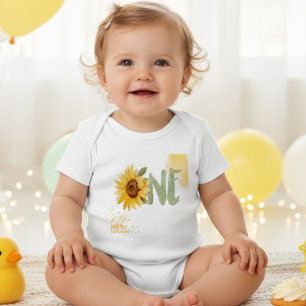 Wasserfarbene Sonnenblume erste Geburtstag Baby Strampler